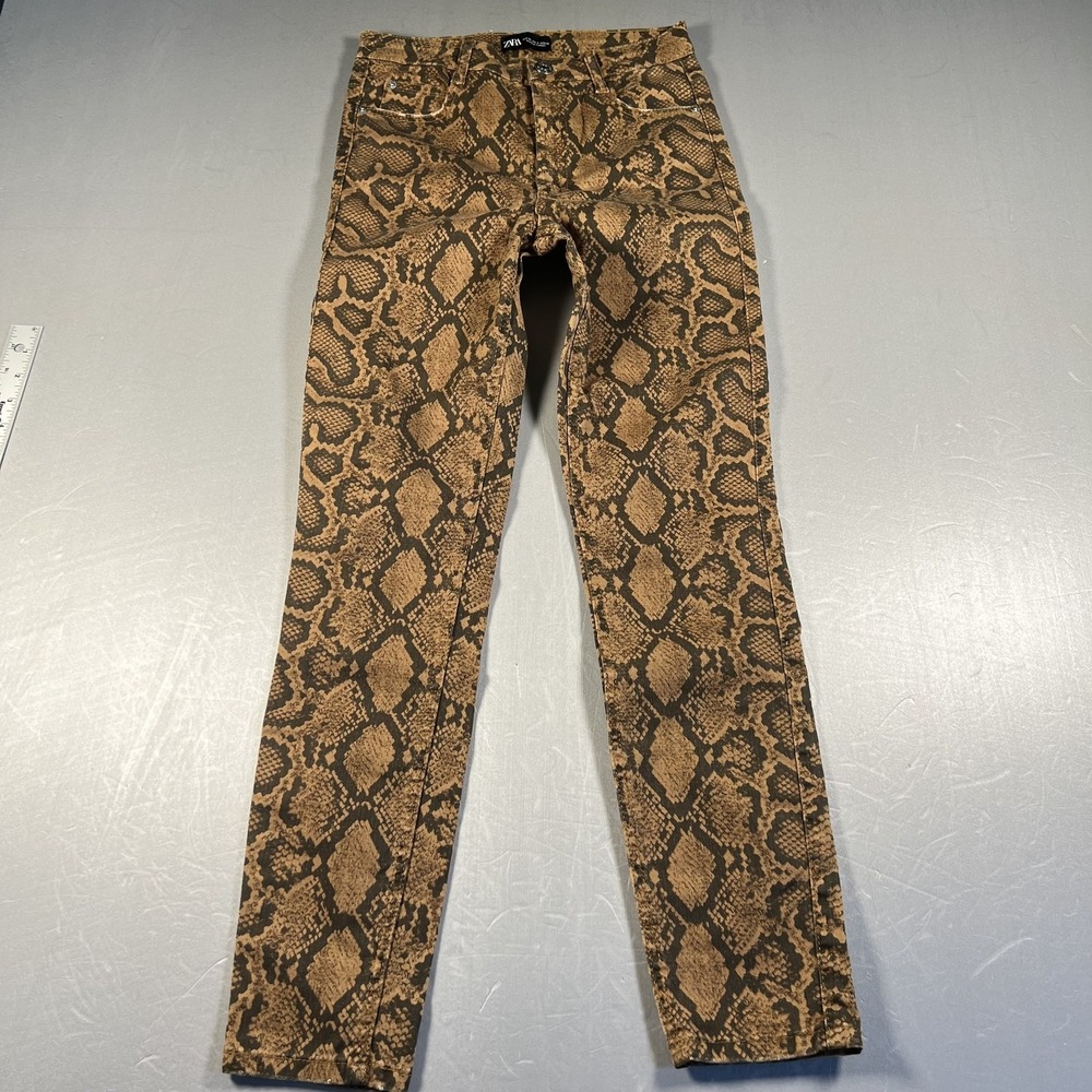 Zara Pants Womens 6 Brown Snakeskin Animal Print‎ High Rise Skinny Stretch